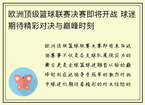 欧洲顶级篮球联赛决赛即将开战 球迷期待精彩对决与巅峰时刻