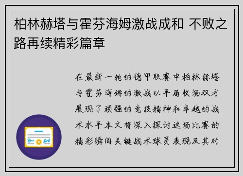 柏林赫塔与霍芬海姆激战成和 不败之路再续精彩篇章