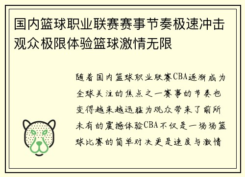 国内篮球职业联赛赛事节奏极速冲击观众极限体验篮球激情无限