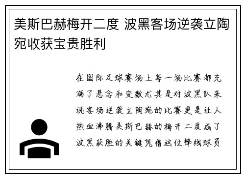 美斯巴赫梅开二度 波黑客场逆袭立陶宛收获宝贵胜利