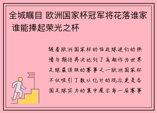 全城瞩目 欧洲国家杯冠军将花落谁家 谁能捧起荣光之杯