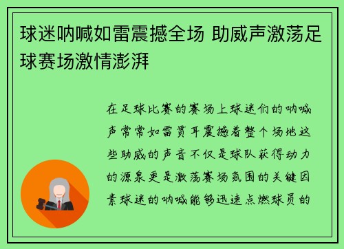 球迷呐喊如雷震撼全场 助威声激荡足球赛场激情澎湃