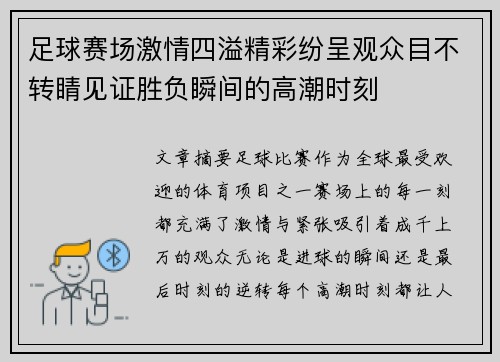 足球赛场激情四溢精彩纷呈观众目不转睛见证胜负瞬间的高潮时刻