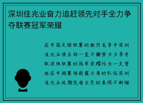 深圳佳兆业奋力追赶领先对手全力争夺联赛冠军荣耀