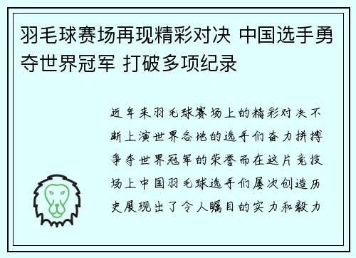 羽毛球赛场再现精彩对决 中国选手勇夺世界冠军 打破多项纪录
