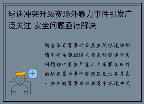 球迷冲突升级赛场外暴力事件引发广泛关注 安全问题亟待解决